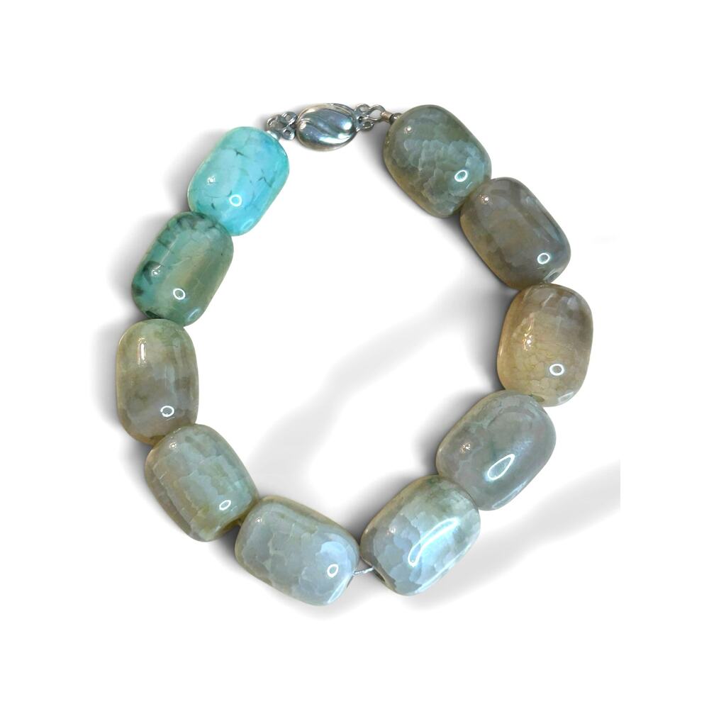 Vintage Chunky Aquamarine Moss Agate Barrel Nugget Bead Clasp Bracelet 8.5 inch
